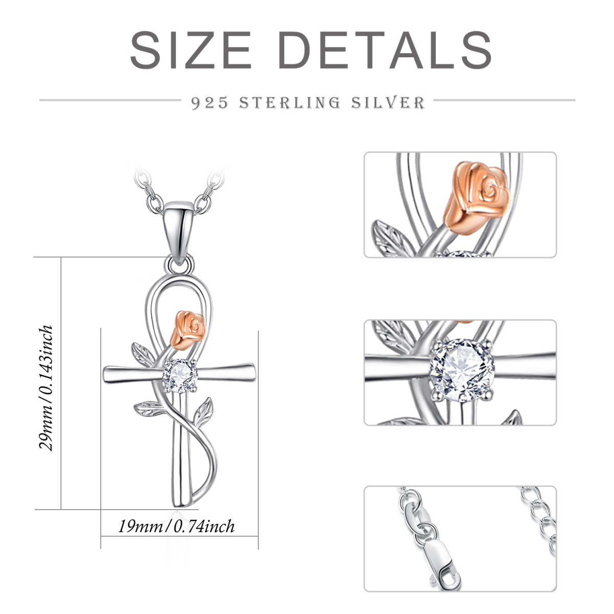 Sterling Silver Zircon Rose & Ankh Pendant Necklace-5
