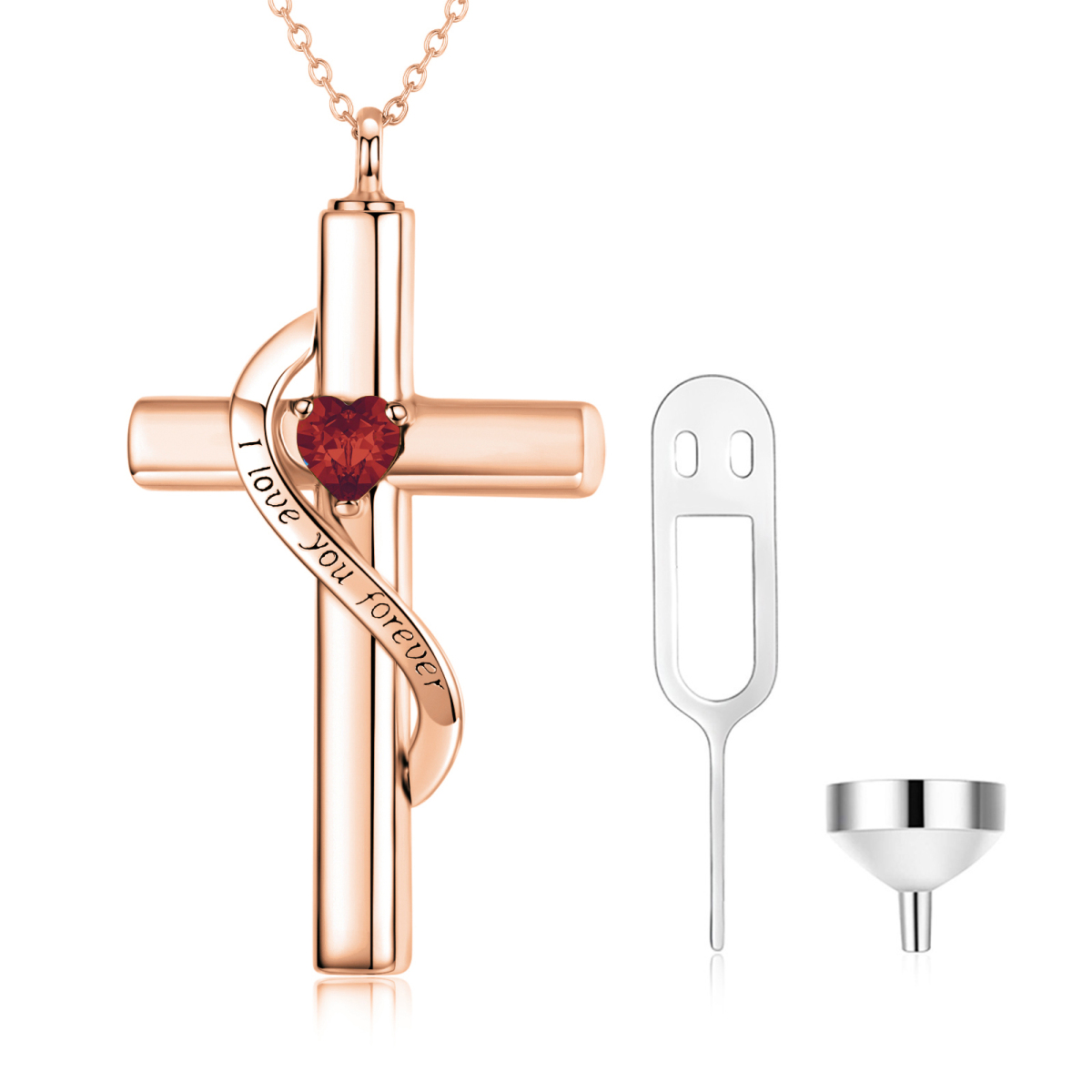 Sterling Silver with Rose Gold Plated Heart Zircon Cross Urn Necklace for Ashes with Engraved Word-1