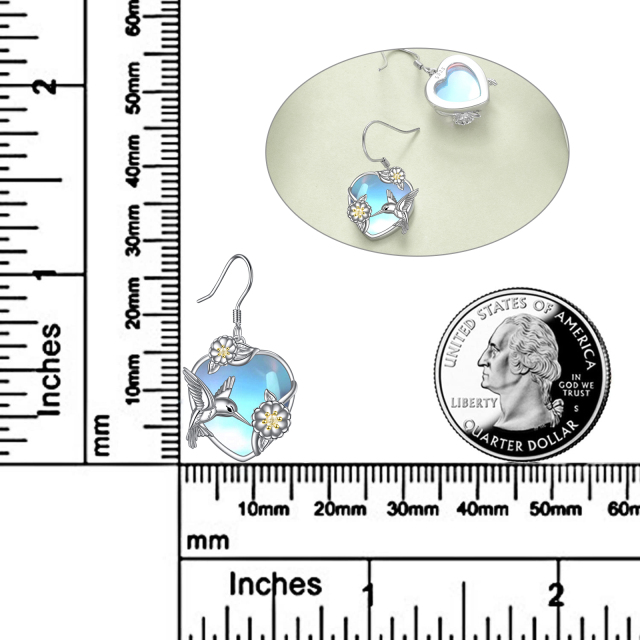 Sterling Silver Two-tone Heart Shaped Moonstone Hummingbird Drop Earrings-5